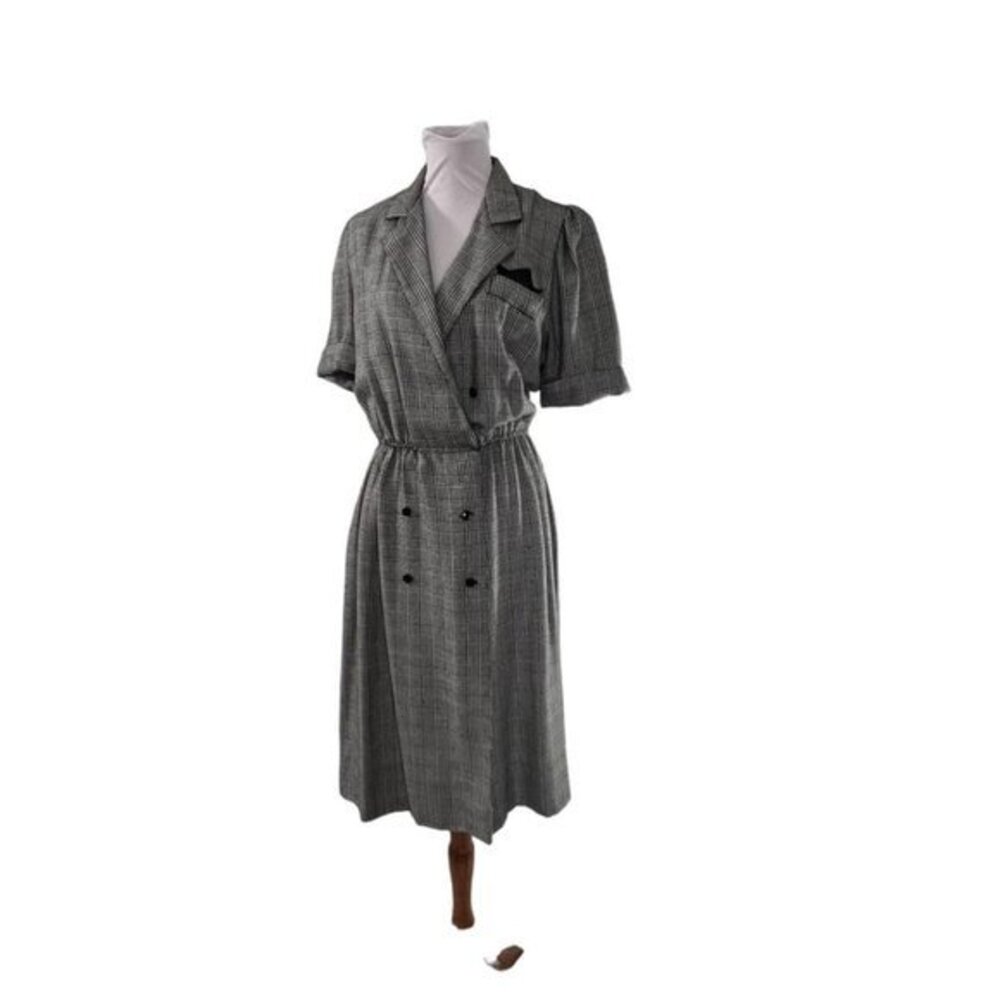 Vintage 80s Ms. Sugar Black White Glen Checked Houndstooth Dress M/L